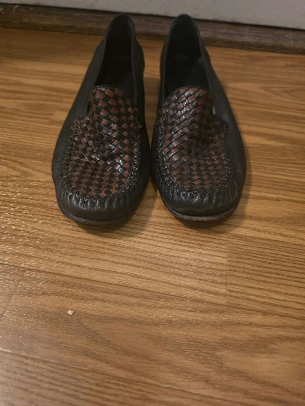 Cole Haan Black Leather Loafers with Brown Woven Vamp